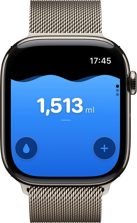 Apple Watch の記録画面：当日の合計1,513mlを大きく表示し、下部に水滴アイコンのボタンと＋ボタンだけを置いたwatchOSアプリ